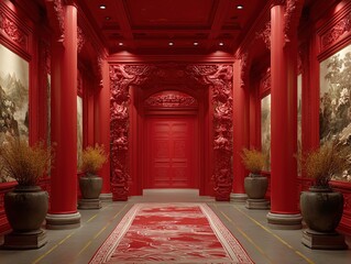 Solemn Red Culture Theme Exhibition Hall 3D Render, Red Gold Gray Palette, Relief Wall and 3D Ceiling Characters, 8K HD Empty Interior