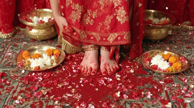 Indian Bride's Feet and Hands in Red Alta During a Traditional Wedding Ceremony