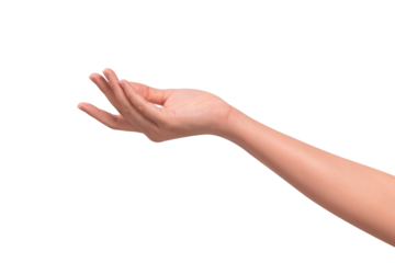 Close-up of a beautiful empty hand gesture isolated on a transparent PNG.
