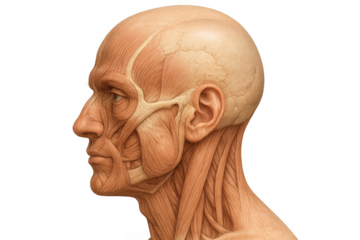 Human head anatomy illustrating facial and neck muscle structure in profile view on transparent background