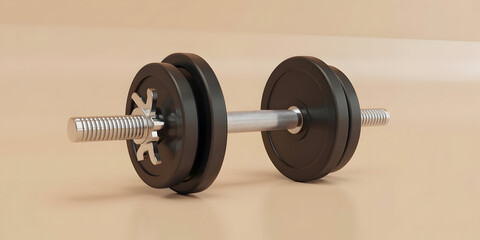 Single dumbbell with black weights, chrome bar on beige surface