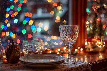 Festive crystal glass and holiday ornaments create a cozy Christmas ambiance, perfect for celebrations and winter gatherings at home