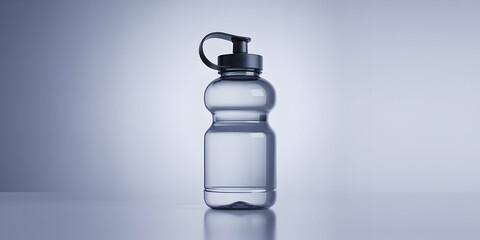 Clear plastic sports water bottle with black lid on a neutral background.