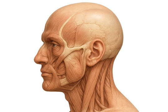 Human head anatomy illustrating facial and neck muscle structure in profile view on transparent background