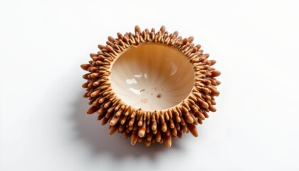 A brown decorative item resembling a star shaped floral arrangement with multiple layers of what appears to be artificial foliage, prominently featuring pine cones, set against a neutral background