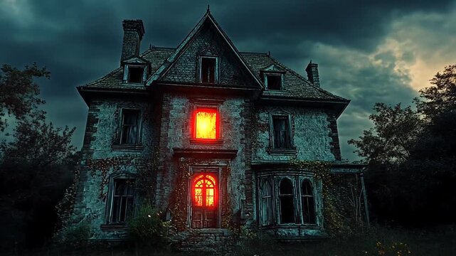 Eerie abandoned house with glowing window at dusk