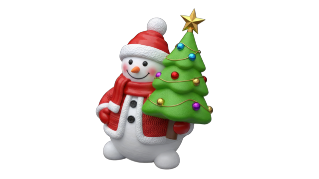 Charming Snowman Wearing Red Hat and Scarf Holding a Decorated Christmas Tree with Colorful Ornaments and a Golden Star on Top Isolated on Transparent Background - Powered by Adobe