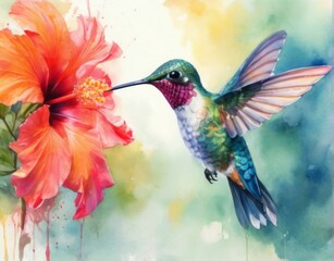 Obraz premium Watercolor painting capturing a hummingbird midflight near a hibiscus flower in serene pastel tones.
