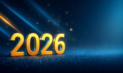 Golden 2026 Numbers with Blue Light Streaks and Sparkling Background, Generative AI