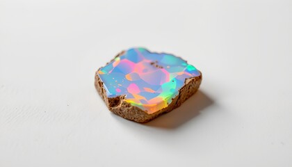 A photograph of an iridescent shard with multiple rainbow colors against a white background, placed in front of a contrasting darker area that could be another material or surface.