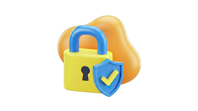 Digital Security Concept Yellow Padlock Blue Shield With Check Mark and Orange Abstract Shape on Transparent Background