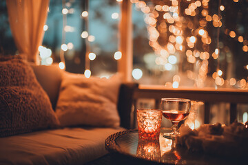 Cozy evening scene with wine and glowing lights, perfect for romantic relaxation or intimate gatherings, creating a warm and inviting atmosphere