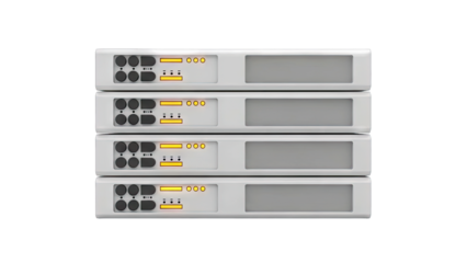 Four Stacked Server Racks with Blinking Yellow Lights and Network Ports on a Transparent Background