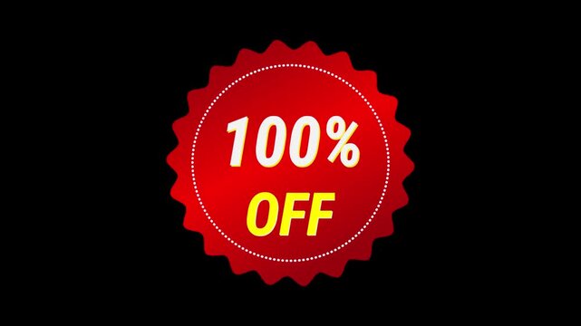 A red circular badge with a serrated edge, displaying the text '100% OFF' against a black background. Icon motiongraphic transparent video