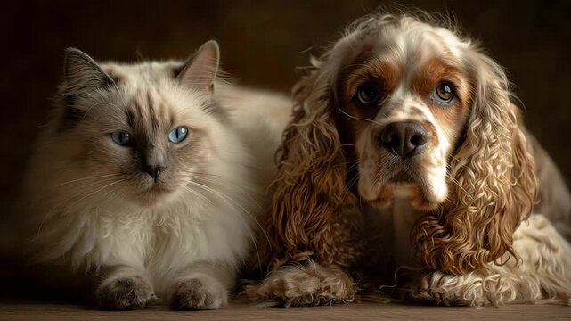 A cat and a dog are laying on a table. The cat is white and the dog is brown. Gentle ambient light on a Birman Cat and Cocker Spaniel Dog, cat and dog minimalist scene