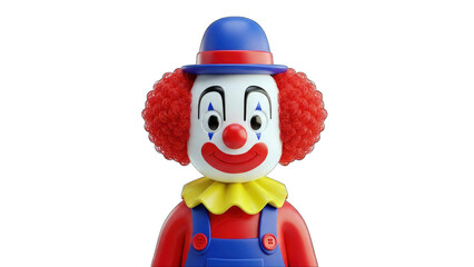 Friendly Red Haired Clown Character with Blue Overalls and Red Hat Wearing Yellow Ruffled Collar Against a Black Background