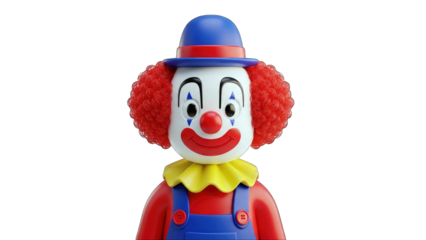 Friendly Red Haired Clown Character with Blue Overalls and Red Hat Wearing Yellow Ruffled Collar Against a Black Background