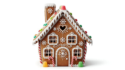 Decorated Gingerbread House with Icing and Candy, Festive Christmas Edible Structure, Isolated Holiday Baking and Confectionery, Handmade Gingerbread Home Decoration, Sweet and Colorful Xmas Treat.