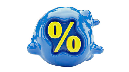 Glossy Blue Blob With Yellow Percentage Symbol Floating On Transparent Background