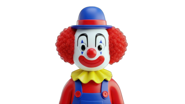 Friendly Red Haired Clown Character with Blue Overalls and Red Hat Wearing Yellow Ruffled Collar Against a Black Background