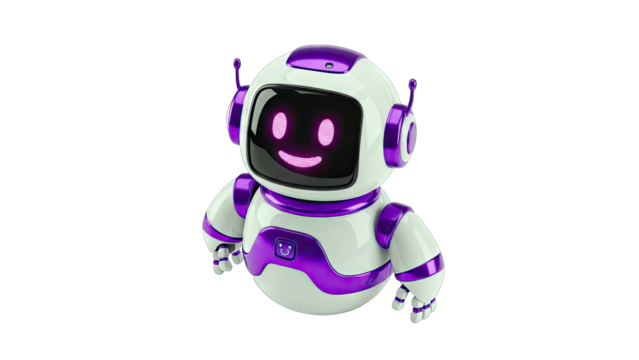Friendly White and Purple Robot Character with Glowing Pink Eyes and Antennas Isolated on Black Background
