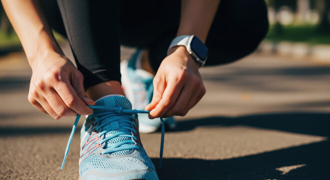 a woman tying her shoelaces before a run, close-up detail, outdoor natural light