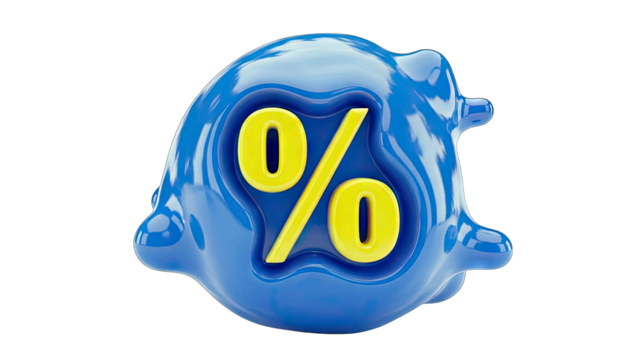 Glossy Blue Blob With Yellow Percentage Symbol Floating On Transparent Background