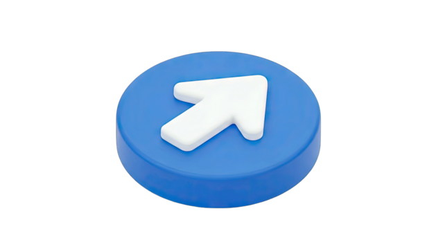 Glossy Blue Circular Button With A White 3D Arrow Pointing Up And To The Right On A Transparent Background Isolated Object