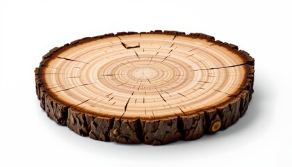 An intricately sliced tree stump sits in the center of the image, revealing its layered circular growth rings.
