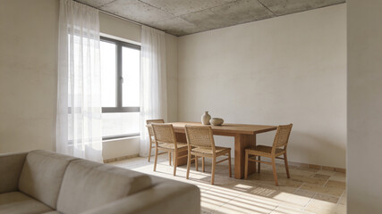 A bright, minimalist dining area features a wooden table with woven chairs.