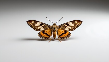 Obraz premium A butterfly with distinctive patterned wings positioned in an open stance, resting on what appears to be a white surface