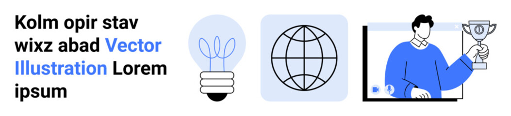 Innovation, achievement, global reach, business inspiration, sustainability, success. A lightbulb, globe and person holding a trophy. Innovation and achievement captured symbolically