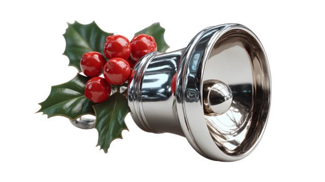 Shiny silver bell with vibrant red holly berries and green leaves for holiday cheer isolated on transparent background