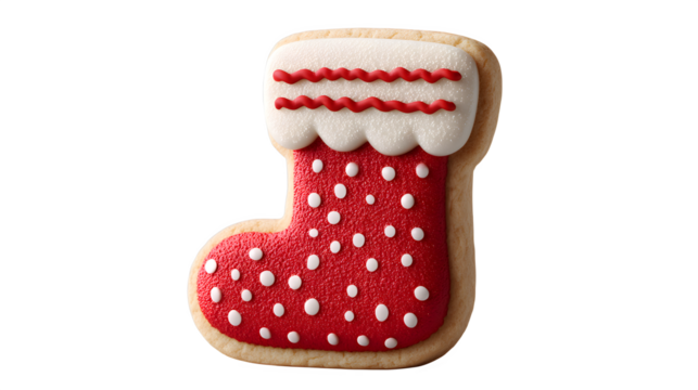 Festive Christmas stocking cookie with red and white icing brings holiday cheer isolated on transparent background