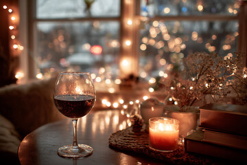 Cozy Christmas Eve with red wine and candle light creating a warm and inviting holiday atmosphere for festive celebrations and joyful moments