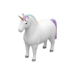 A beautifully rendered 3D illustration of a magical unicorn with a pastel mane and tail
