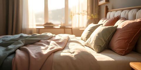 Soft bedroom scene with sunlight shining through window in the morning.