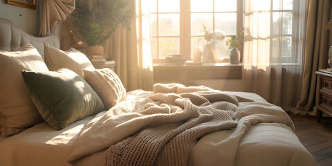 Cozy bedroom interior with soft sunlight, comfortable bed and warm colors.