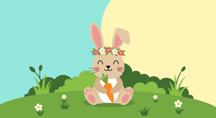 Obraz premium A cute cartoon bunny wearing a flower crown and holding a carrot sits in a green field on a lovely spring day.