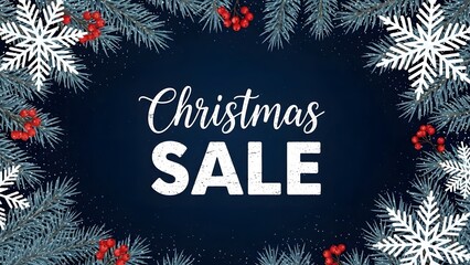 Christmas sale banner with festive winter border of frosty pine branch, red berry, and large white snowflake on dark blue background