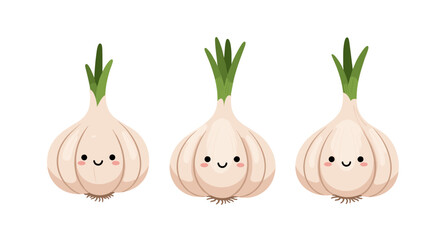 Three adorable kawaii-style garlic bulbs with cute smiling faces and green sprouts isolated on a plain white background.