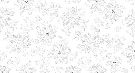 A delicate seamless floral pattern with gray stippled or dotted flowers and leaves on a clean white background for textiles.