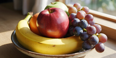 Close-up of fresh fruit in a bowl: apples, bananas, and grapes.