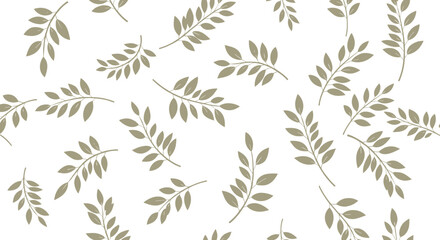 Fototapeta premium A simple and elegant seamless pattern of scattered green-gray branches with leaves on a clean white background for textiles.
