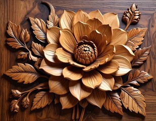 Carved wooden flower with leaves and textures on a warm-toned surface