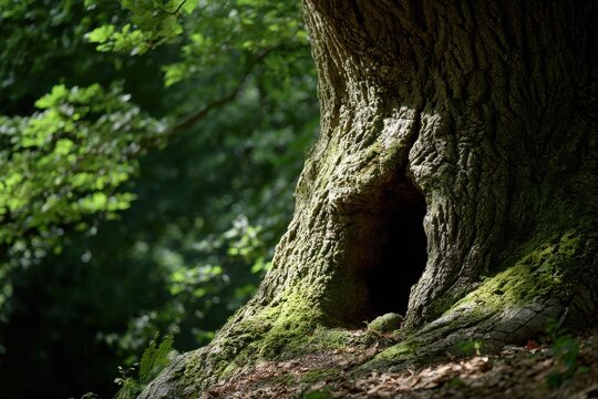 Cavity in a Hollowed-Out Ancient Oak Tree Trunk, , Showing Textured Bark and Moss