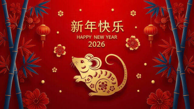 Golden rat chinese zodiac symbol celebrating happy new year 2026 with red lanterns and bamboo