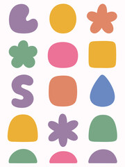 Set of colorful vector icons for design, including heart and flower elements, a perfect symbol collection for web and seamless decoration