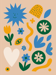 Seamless vector floral pattern with a set of decorative spring flowers, leaves, and a butterfly illustration