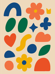 Colorful seamless vector pattern illustration set of abstract symbols, nature flowers, and dog paw footprint icons and heart shapes